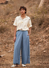 A Model Wearing Blue Cotton Mul Aasmaan Linen Pants,curated by Only Ethikal